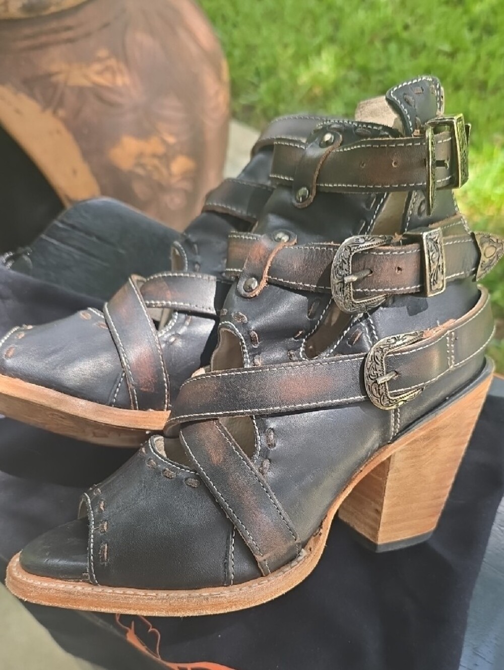 Freebird by Steven Black Leather Strappy Buckle Heels "Revenant" - Picture 3 of 5